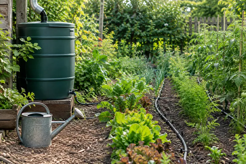Récupérateur d’eau et tuyau goutte-à-goutte installés près de légumes au jardin