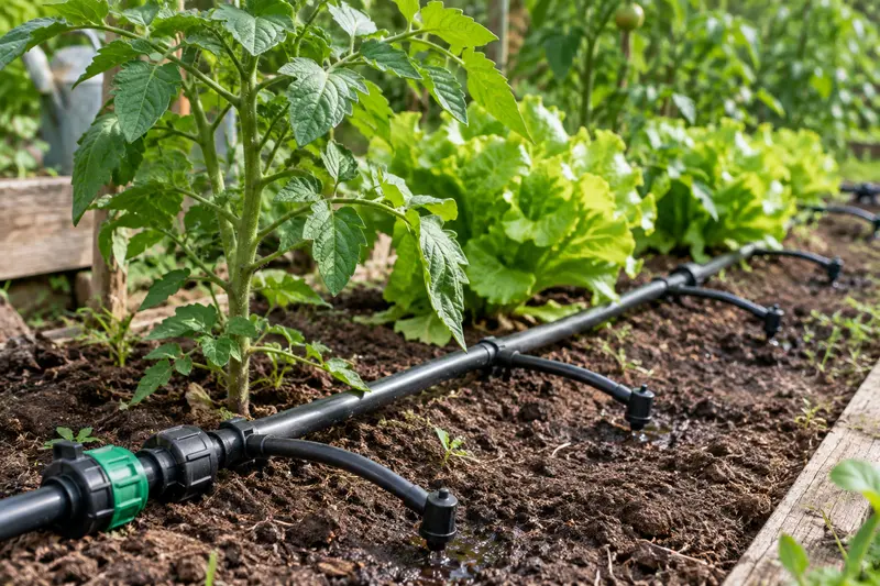 Tuyau et goutteurs d’un kit d’arrosage au pied de plants potagers
