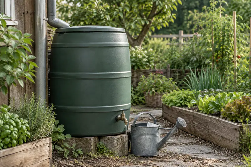 Cuve de récupération d’eau de pluie reliée à une gouttière près du potager