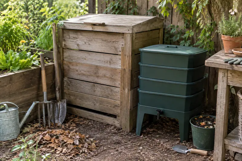 Composteur de jardin et lombricomposteur installés dans un espace végétalisé