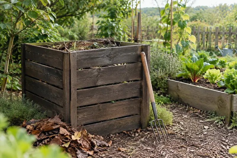 Composteur de jardin en bois installé près d’un potager et de feuilles sèches