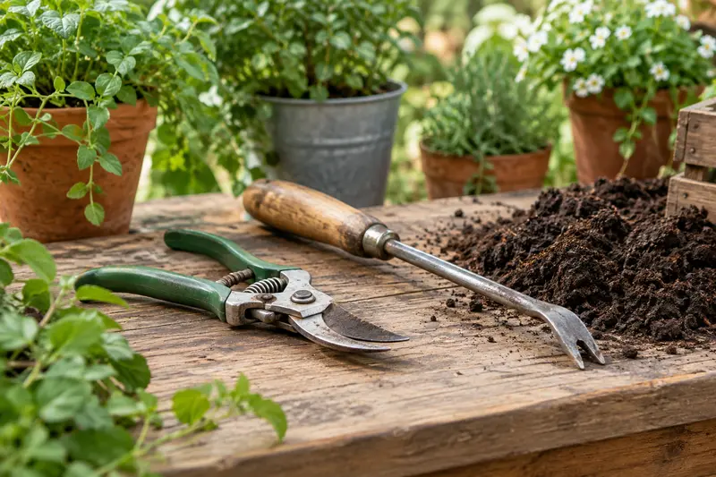 Sécateur et outils manuels de désherbage posés sur un établi de jardin