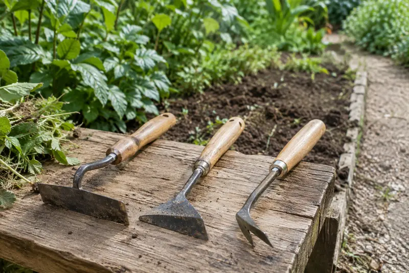 Sarcloir, grattoir et désherbeur manuel disposés près d’une allée de jardin
