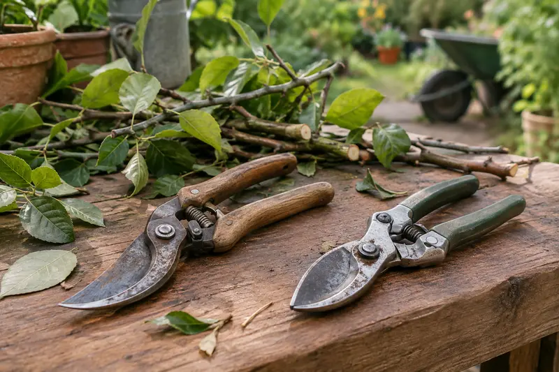 Sécateurs manuels posés près de rameaux taillés sur un établi de jardin