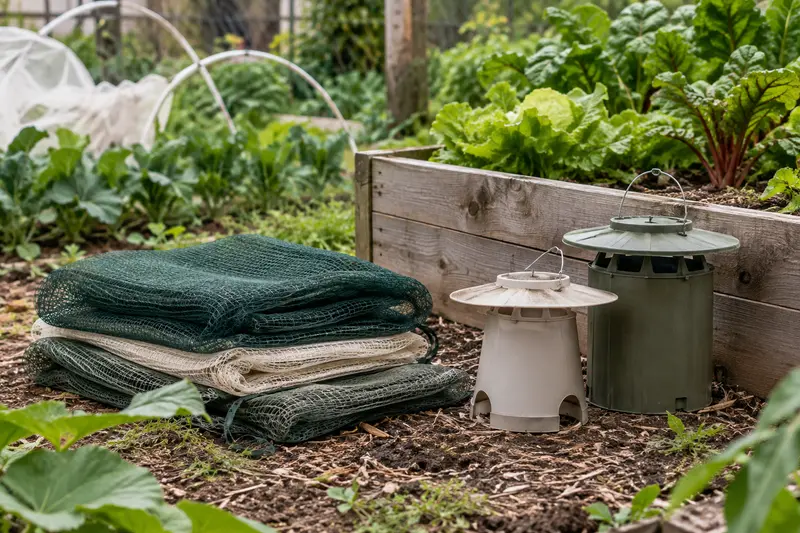 Filet de protection et pièges de jardin disposés près d’un carré potager