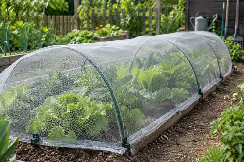 Filet de protection tendu sur des arceaux au-dessus de légumes du potager
