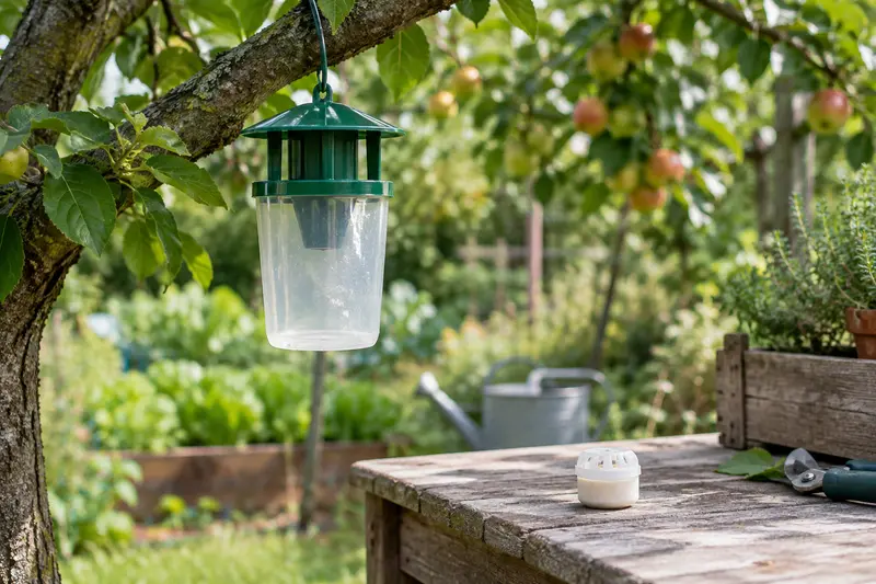 Piège à phéromones suspendu près d’un arbre fruitier dans le jardin