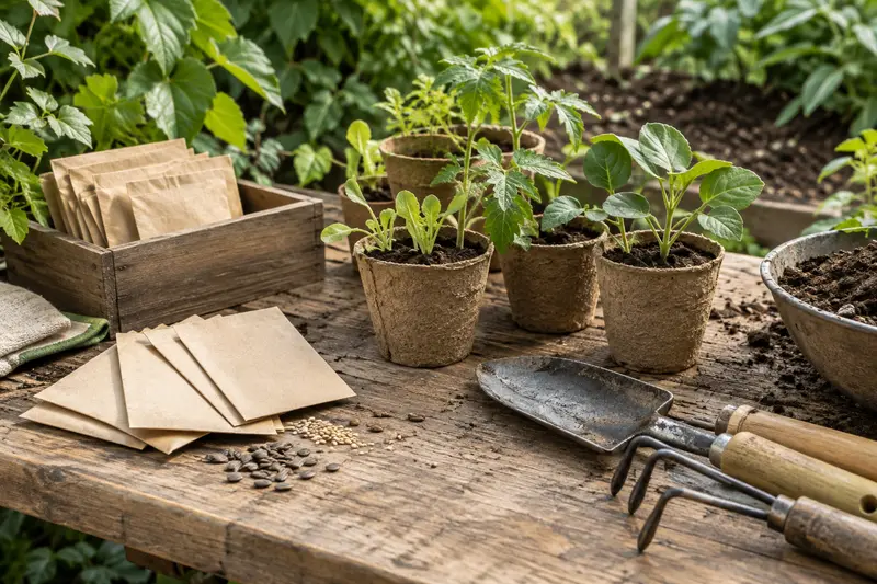 Sachets de graines et jeunes plants en godets sur une table de jardin