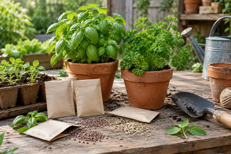 Graines aromatiques et pots en terre cuite avec basilic et persil