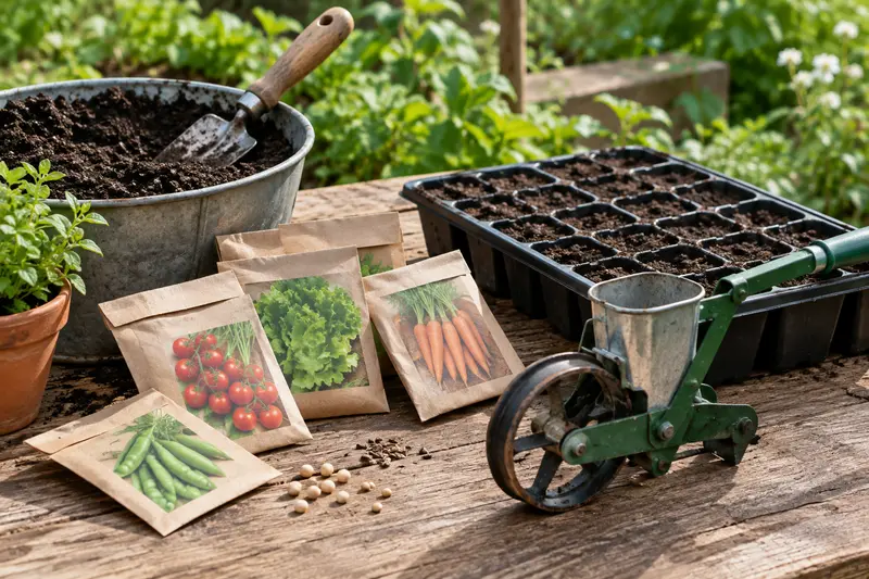 Sachets de graines potagères près d’un plateau de semis rempli de terreau
