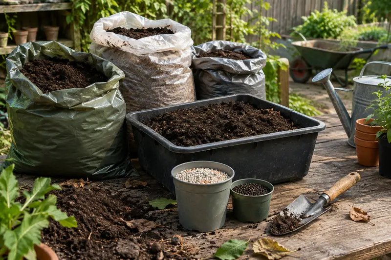 Terreau, amendement et engrais présentés près d’une pelle de jardin