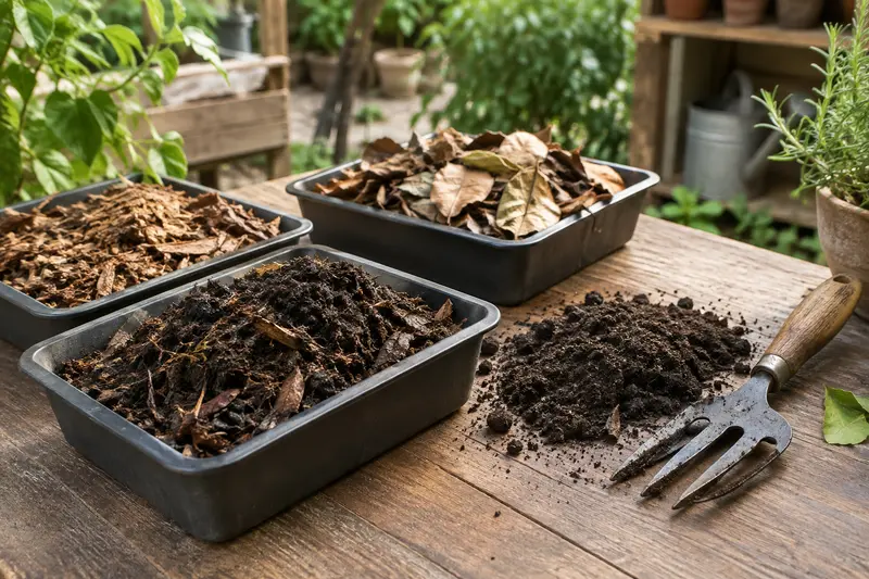 Amendements organiques et terre friable disposés près d’une fourche à main