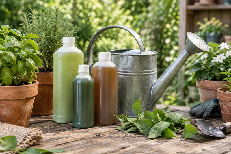 Bouteilles d’engrais liquide près d’un arrosoir et de plantes en pot