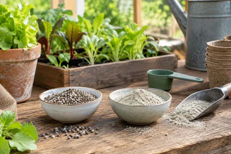Granulés et poudre d’engrais solides présentés avec un doseur de jardin