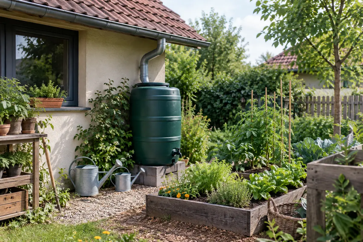 Récupérateur d’eau de pluie relié à une gouttière près d’un potager et de quelques arrosoirs
