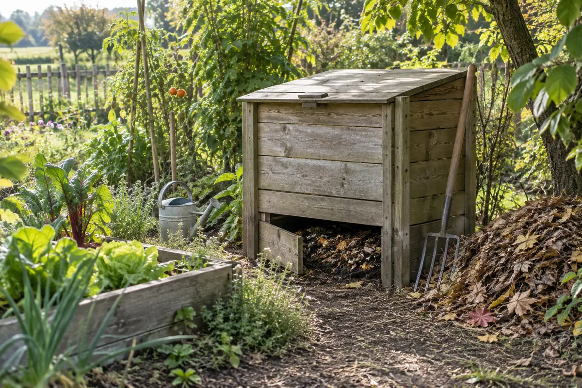 Composteur de jardin installé près d’un potager, avec des feuilles mortes à proximité