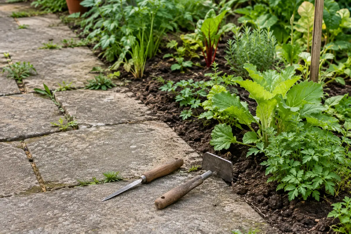 Outils manuels fins près de dalles et d’un massif pour désherber sans creuser près des racines