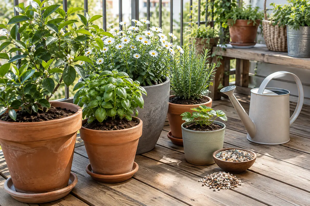 Plantes en pots sur un balcon avec un arrosoir et des granulés illustrant deux modes de fertilisation.