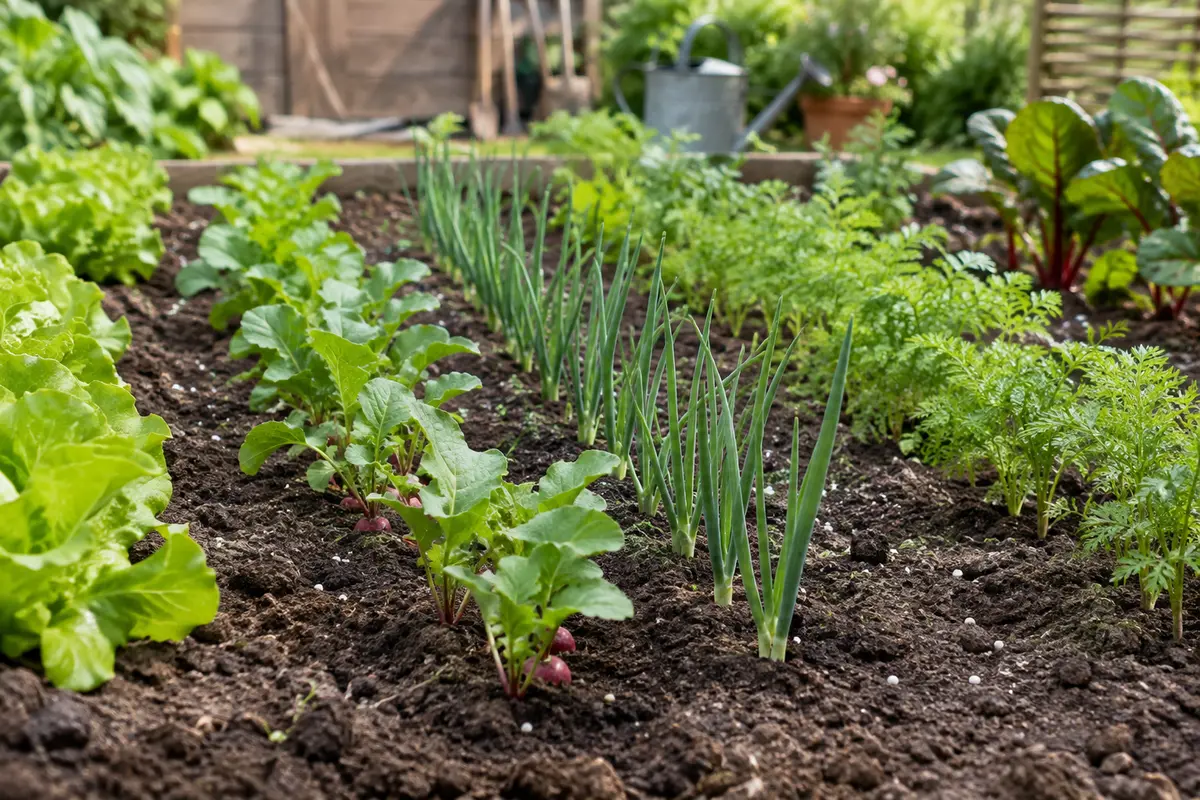 Granulés d’engrais répartis sur la terre d’une planche de potager près de jeunes légumes