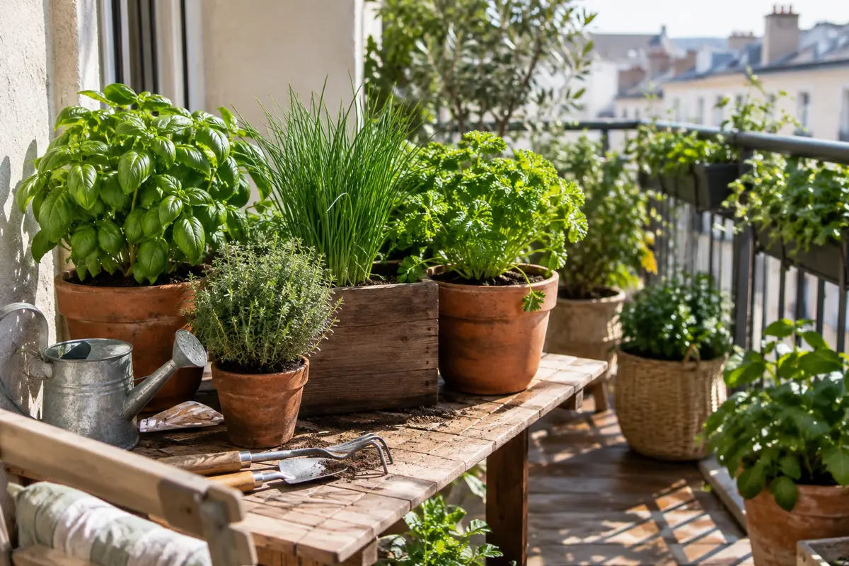 Pots de basilic, thym, ciboulette et persil installés sur un balcon ensoleillé et lumineux.