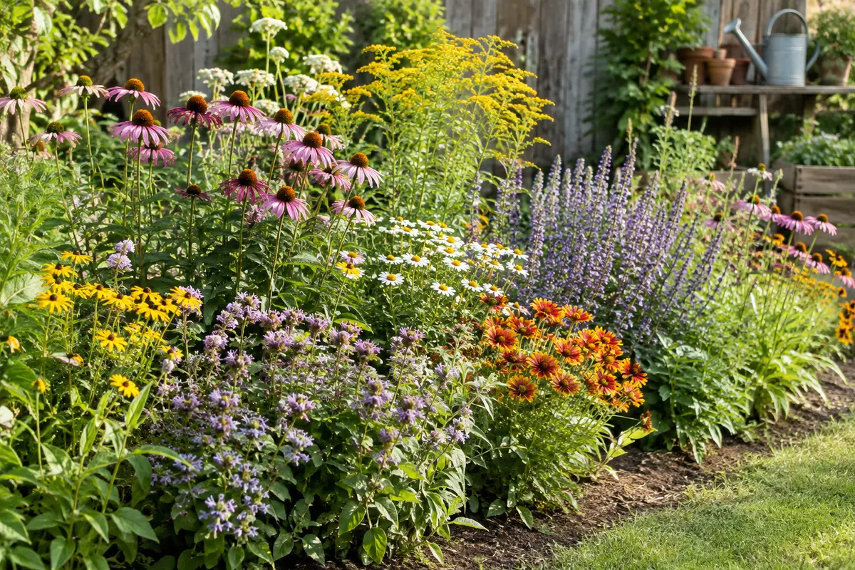 Massif de fleurs mellifères de différentes hauteurs en floraison dans un jardin ensoleillé