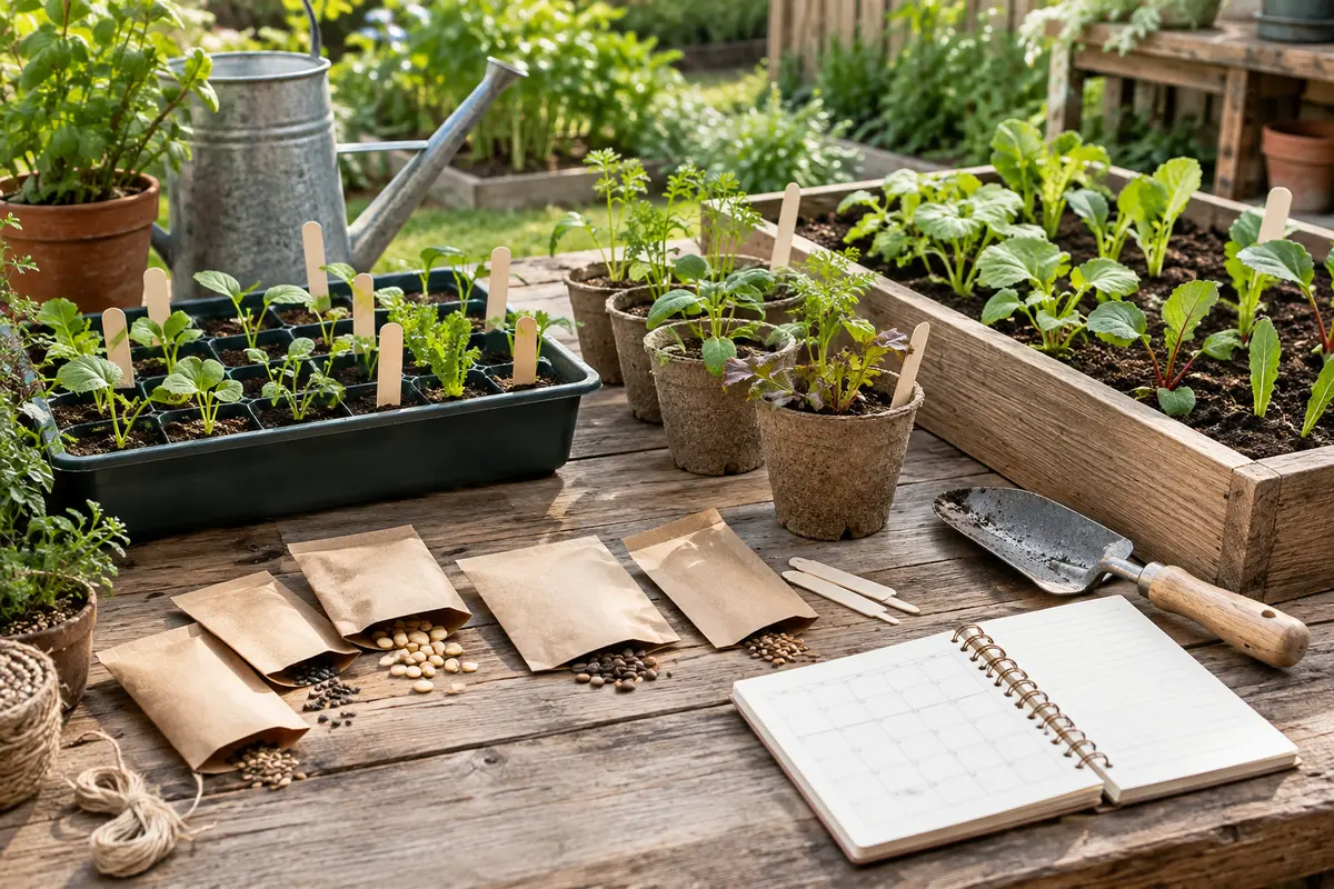 Sachets de graines, jeunes légumes en bac et planche de pleine terre pour préparer les semis