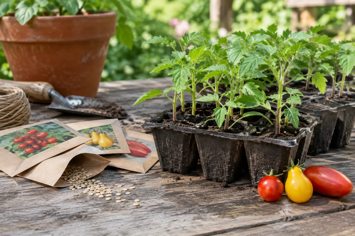 Graines et jeunes plants de tomates près d’un pot et de fruits de différentes formes