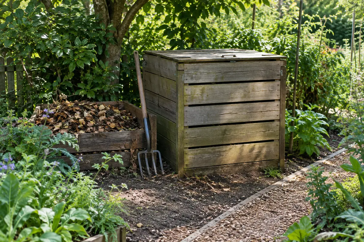 Composteur de jardin posé sur la terre, près d’une réserve de feuilles sèches et d’un chemin d’accès.