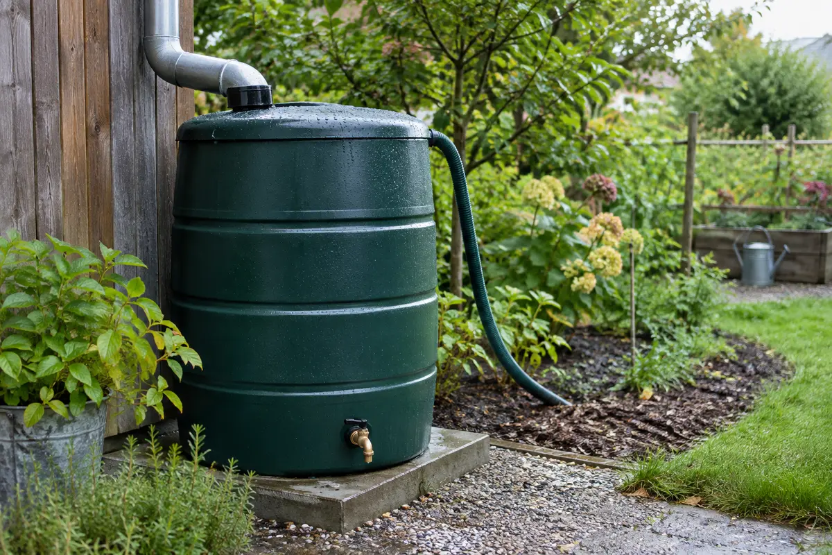Récupérateur d’eau de pluie stable près d’une gouttière, avec robinet accessible et trop-plein éloigné du mur.