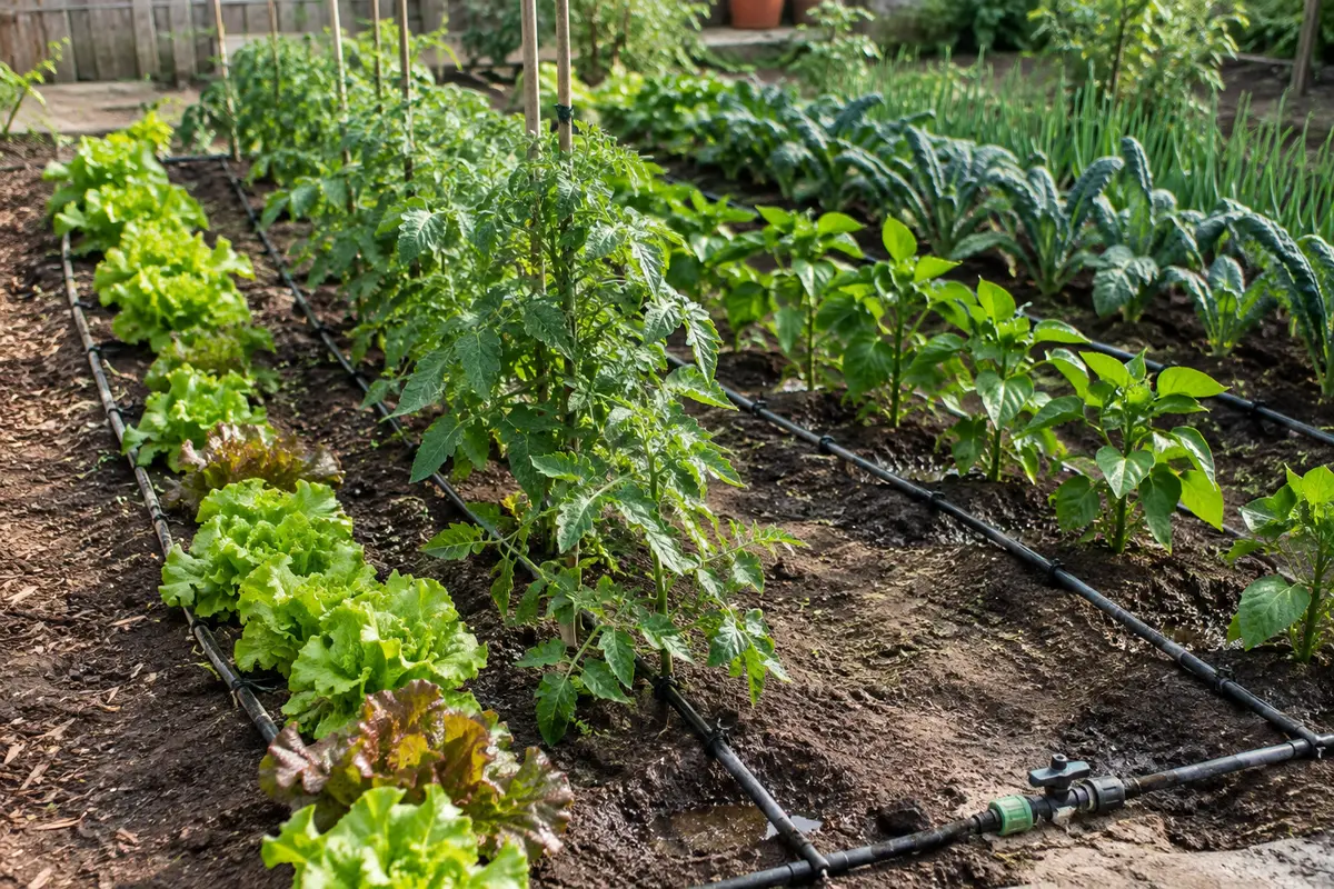 Lignes de goutte-à-goutte installées au pied des légumes dans un potager en rangs