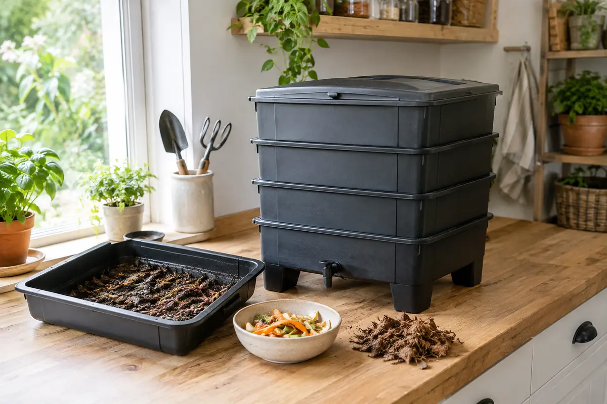 Lombricomposteur à plateaux installé dans une arrière-cuisine, avec déchets végétaux et matière sèche à proximité