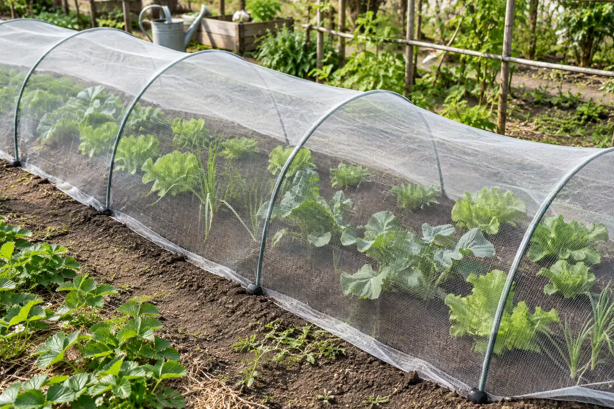 Filet de protection à mailles fines posé sur des arceaux au-dessus de jeunes légumes au potager