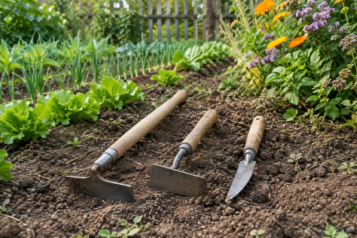 Sarcloir, binette et couteau désherbeur posés sur la terre près de rangs de légumes et d’un massif.