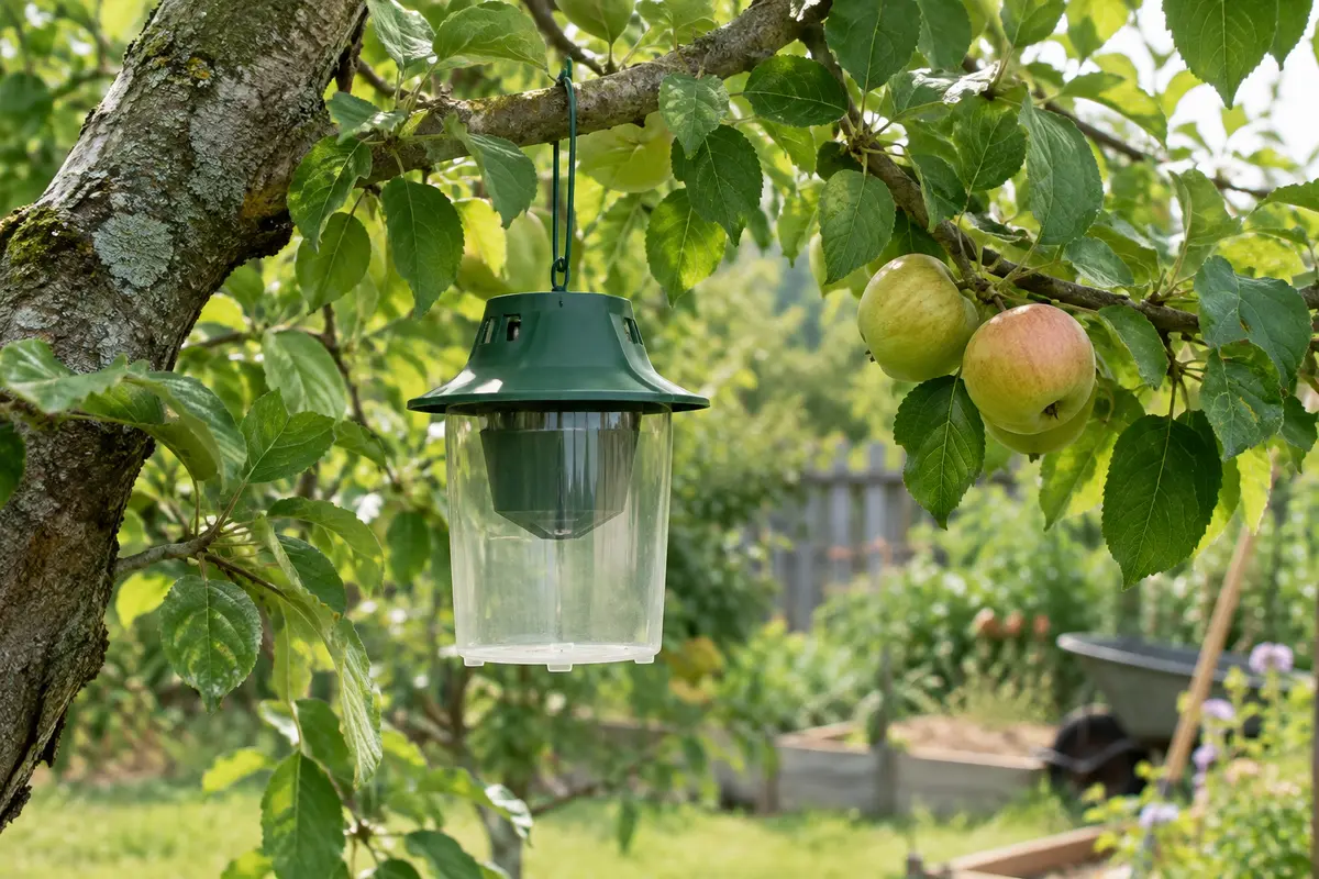 Piège à phéromones suspendu dans un arbre fruitier pour surveiller un ravageur ciblé