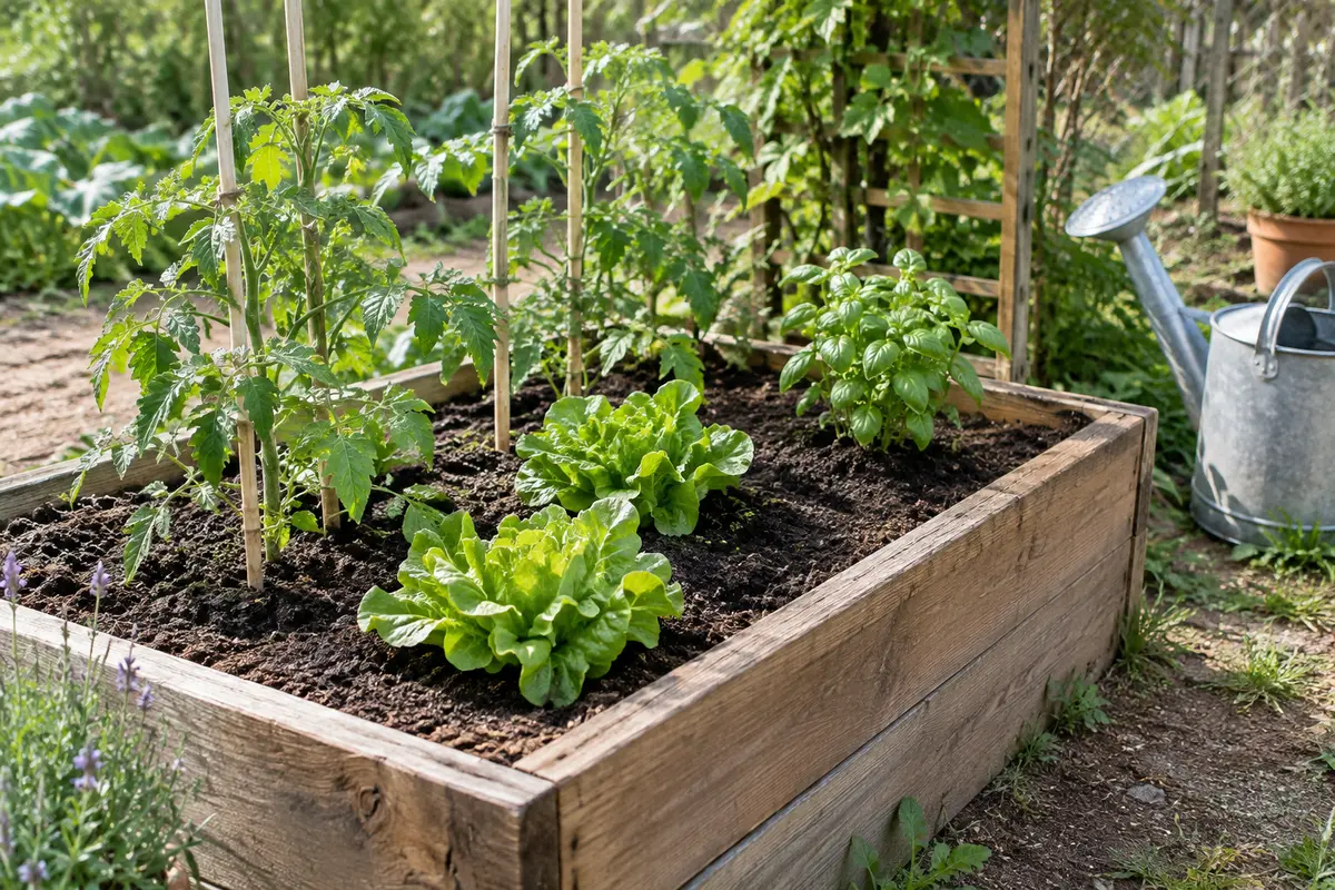Carré potager avec plants de tomates tuteurés, laitues et aromatique, installé dans une terre meuble