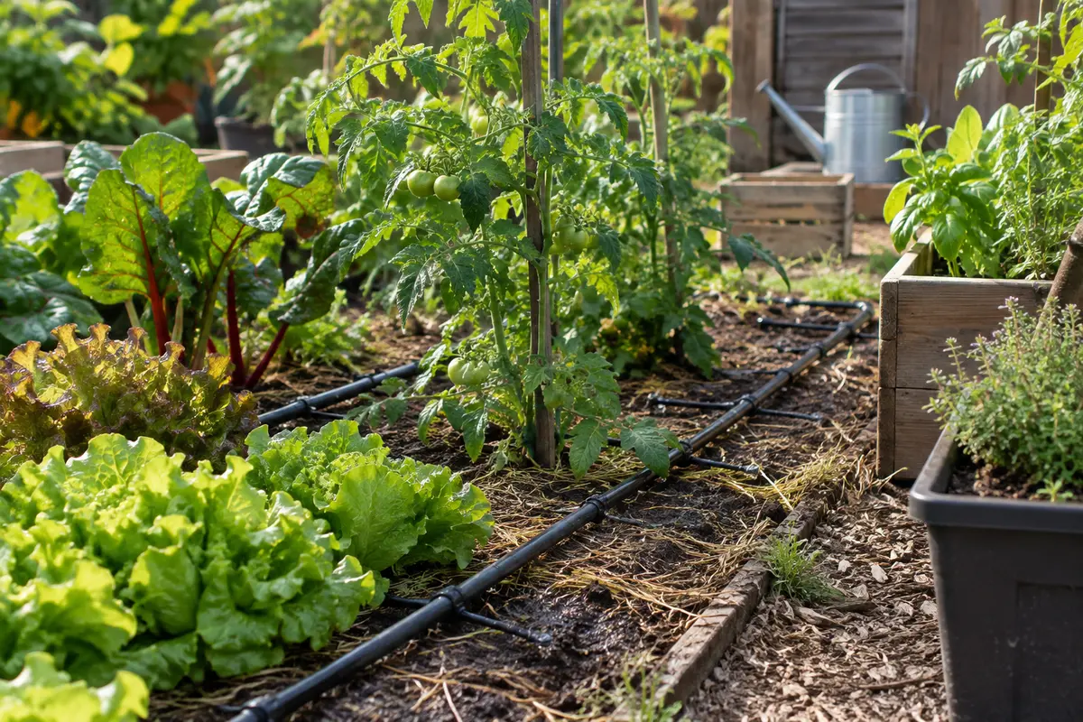 Kit goutte-à-goutte posé au pied des légumes, avec terre humide et paillage dans un potager