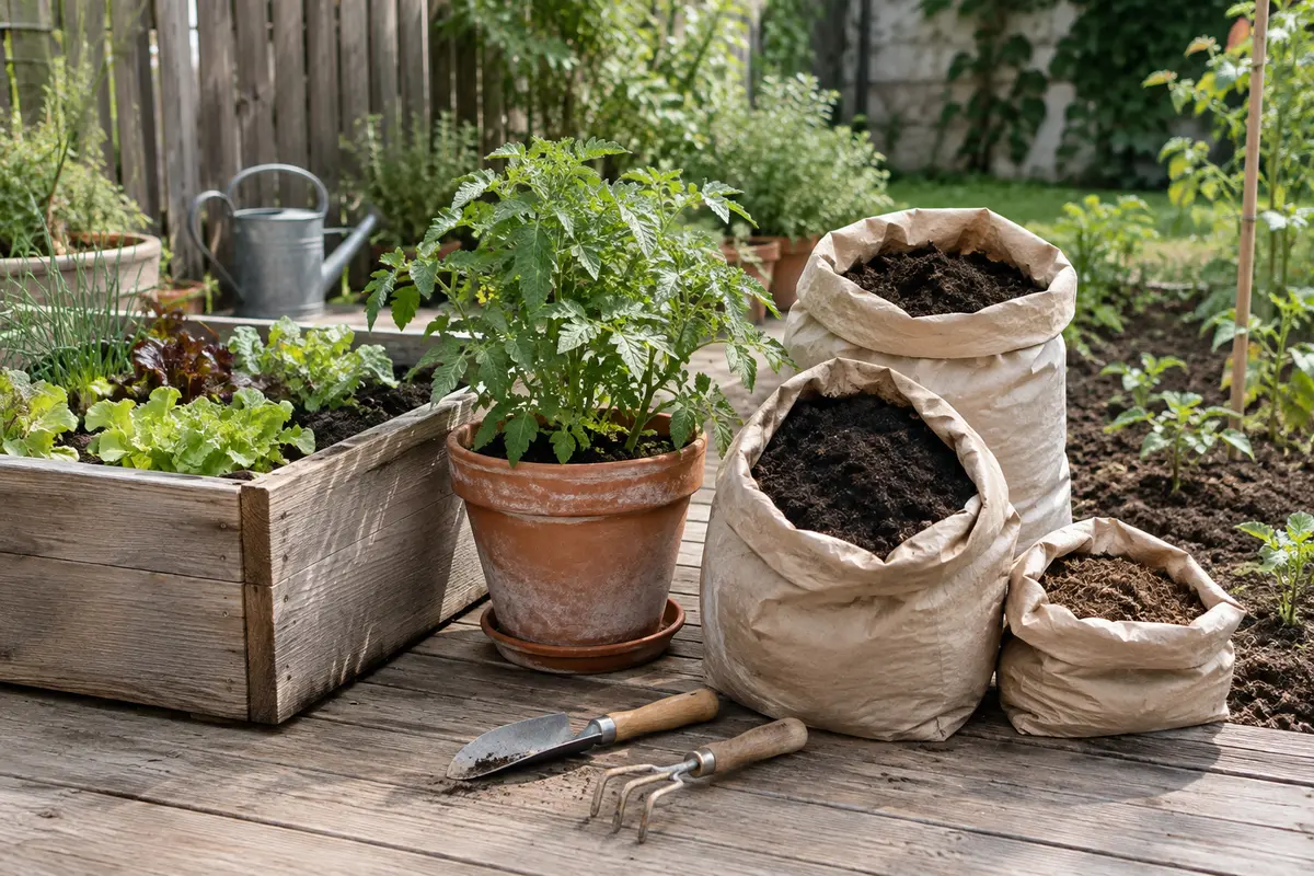 Bac potager, pot de plantation et parcelle de pleine terre avec des substrats différents