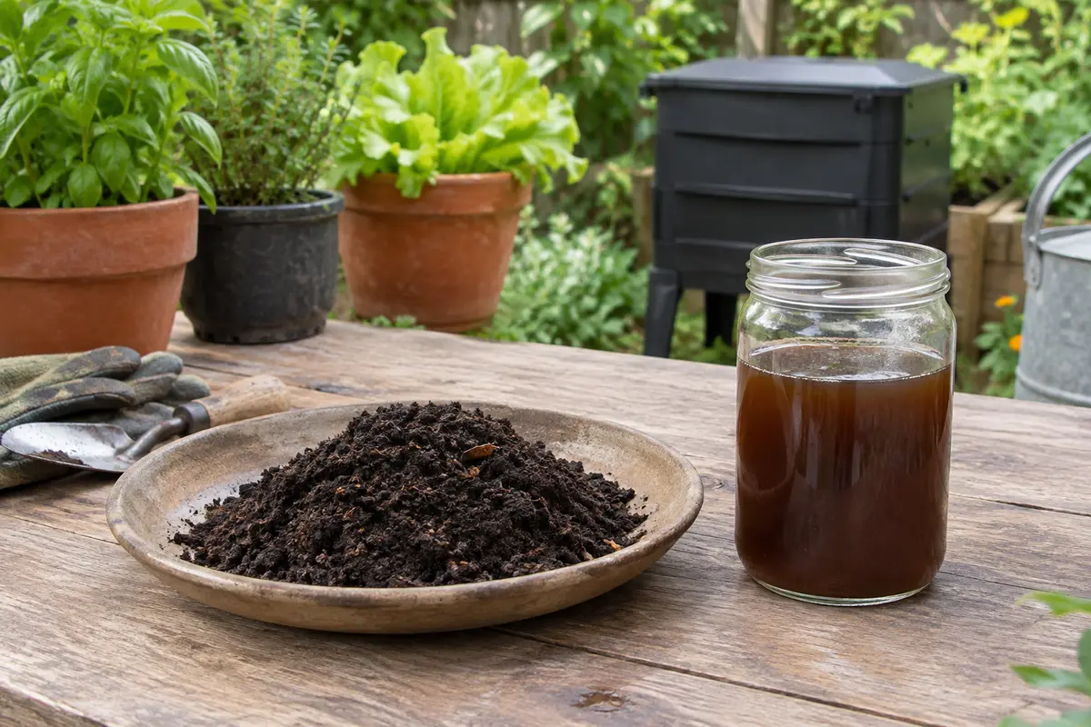Lombricompost sombre et friable présenté à côté d’un récipient de liquide recueilli, sur une table de jardin.