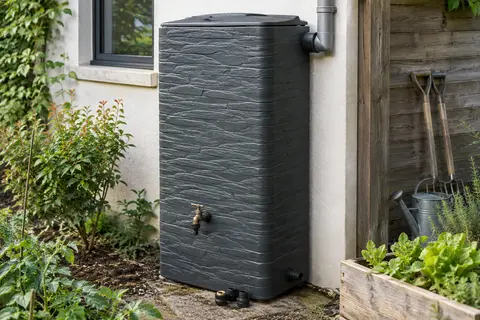 Cuve murale gris graphite à décor pierre avec robinet, installée dans un jardin près d’un mur