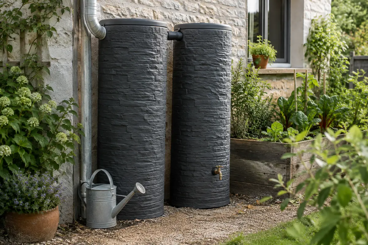 Deux réservoirs gris à façade pierre réunis pour stocker l’eau de pluie dans un jardin