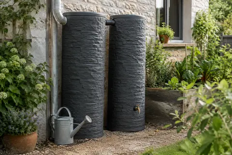 Deux réservoirs gris à façade pierre réunis pour stocker l’eau de pluie dans un jardin