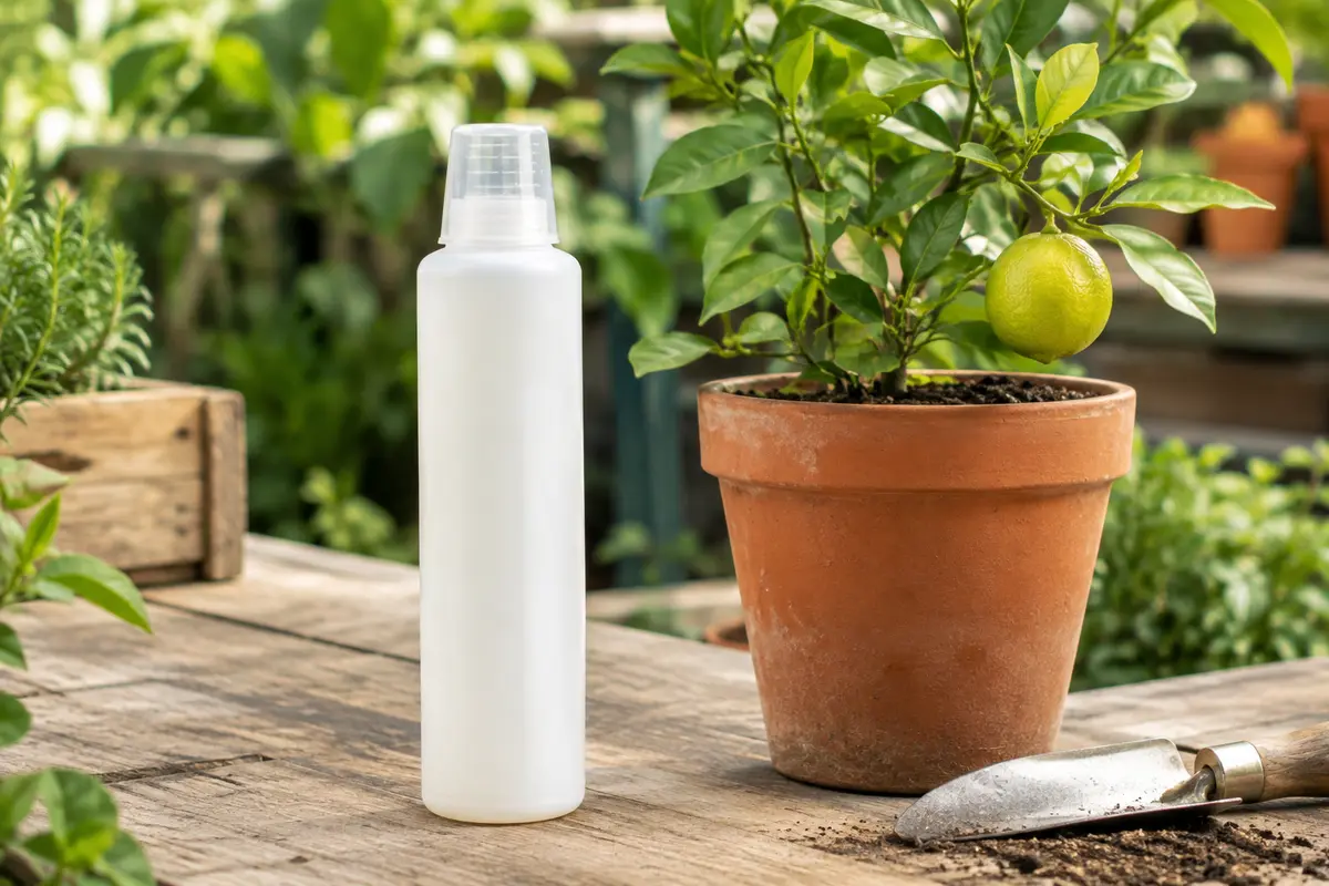 Flacon d’engrais liquide à bouchon doseur posé près d’un agrume en pot dans un jardin