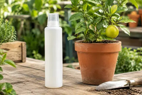 Flacon d’engrais liquide à bouchon doseur posé près d’un agrume en pot dans un jardin