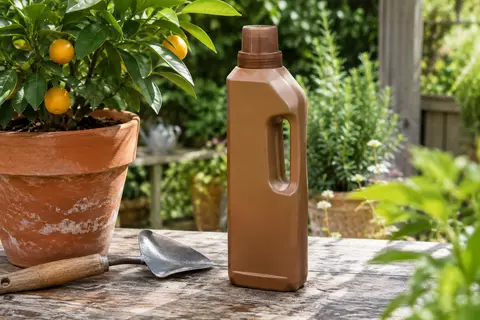 Bidon brun d’engrais liquide posé près d’un agrume en pot sur une table en bois patiné.