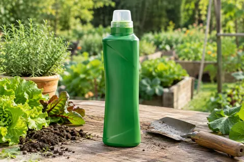 Flacon d’engrais liquide universel avec bouchon doseur posé sur une table en bois près d’un potager.