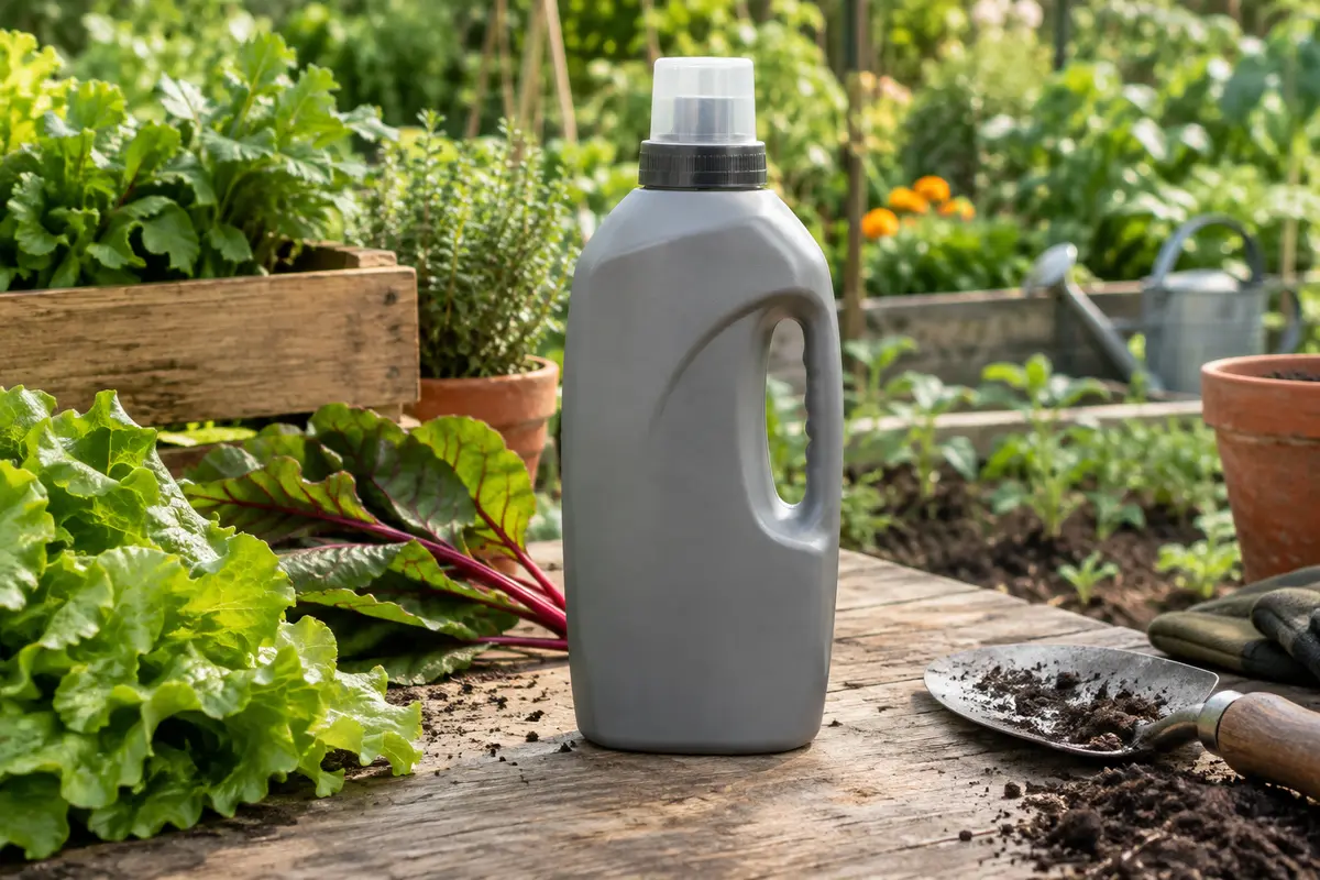 Flacon gris d’engrais liquide universel avec bouchon doseur posé près d’un potager cultivé.
