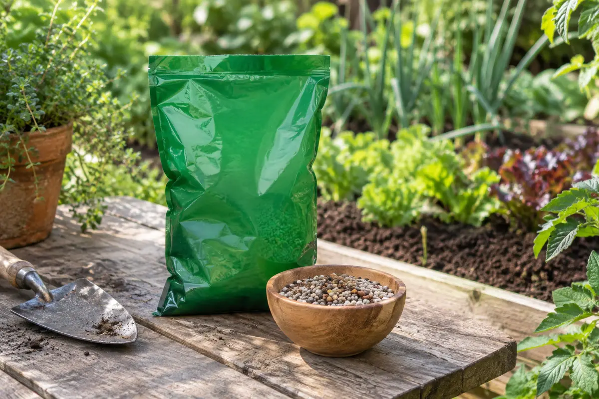 Sachet vert d’engrais universel en granulés posé sur une table en bois près d’un potager