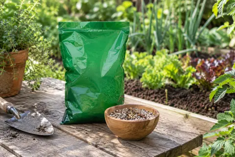 Sachet vert d’engrais universel en granulés posé sur une table en bois près d’un potager
