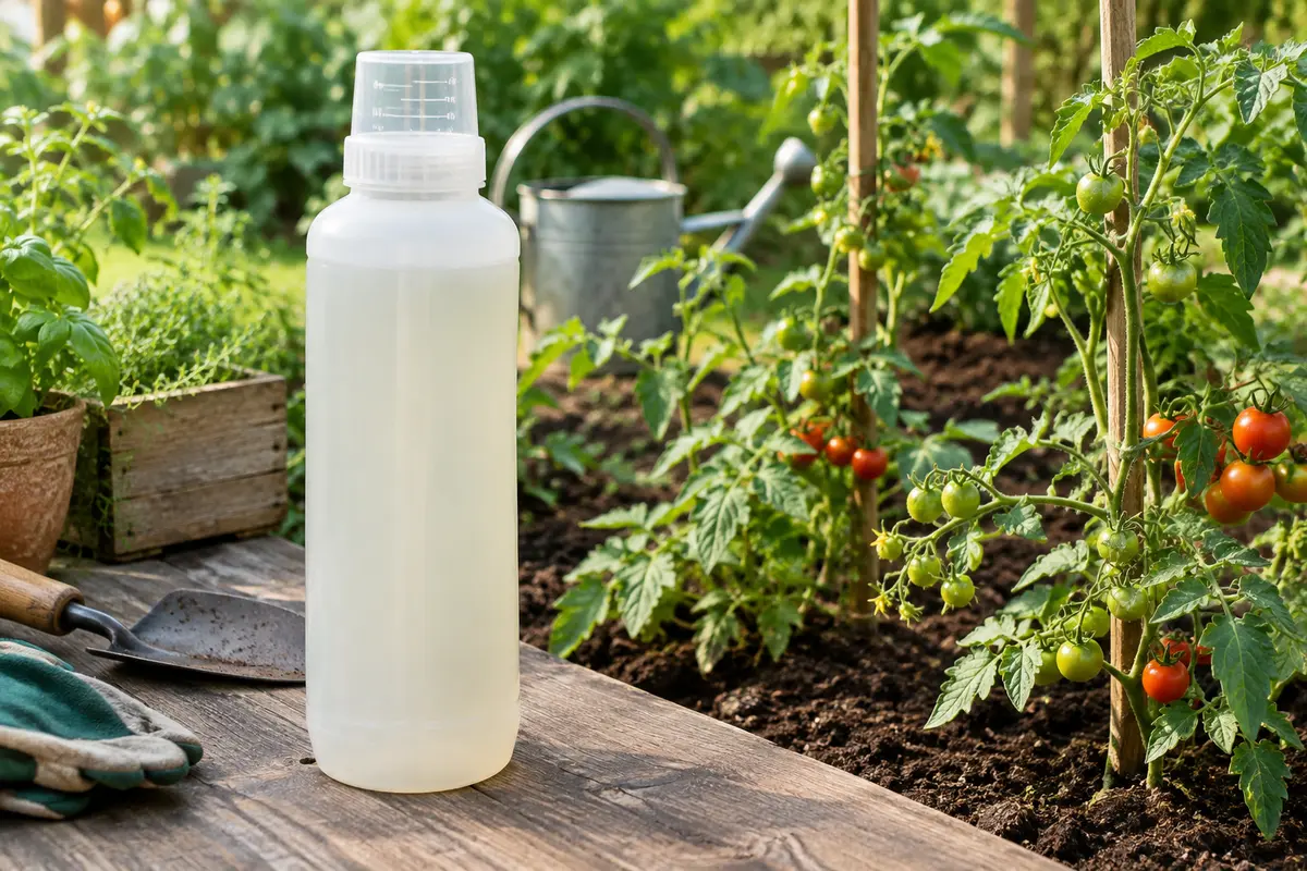 Flacon d’engrais liquide à bouchon doseur posé près de plants de tomates dans un potager.
