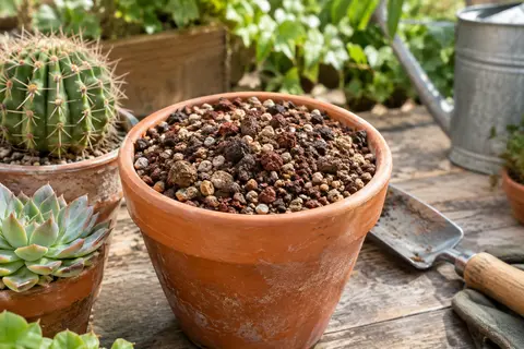Substrat brun et minéral autour d’un cactus rempoté dans un pot en terre cuite, sur un établi de jardin.